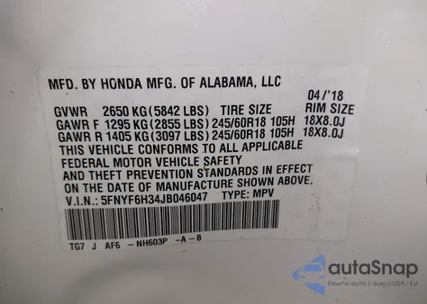 2018 Honda Pilot Ex from USA, damaged, VIN 5FNYF6H34JB046047